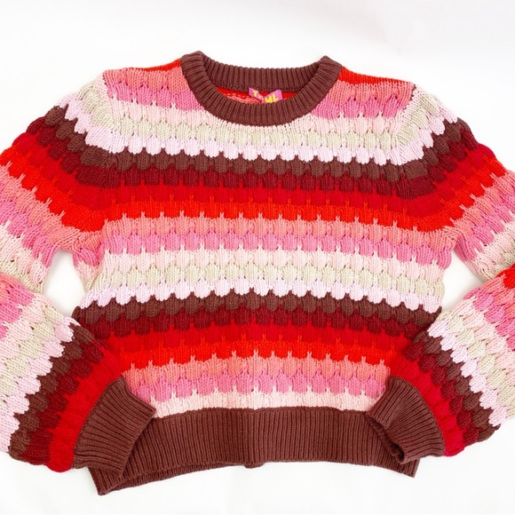 THML Textured Chunky Knit Striped Puffy Crewneck Sweater Red Pink - Picture 2 of 14